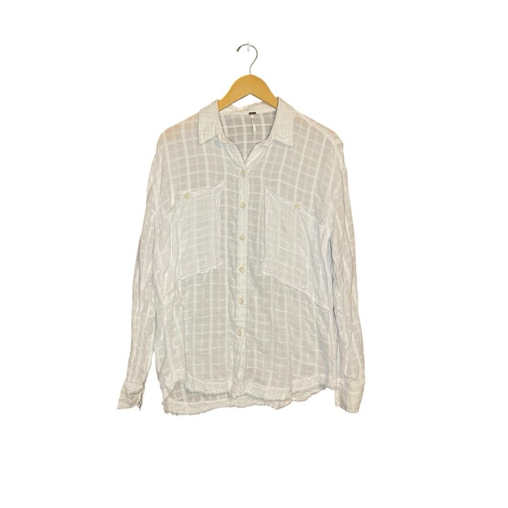Free People Sheer Plaid Button Up Long Sleeve White Shirt Lagenlook Relaxed Fit